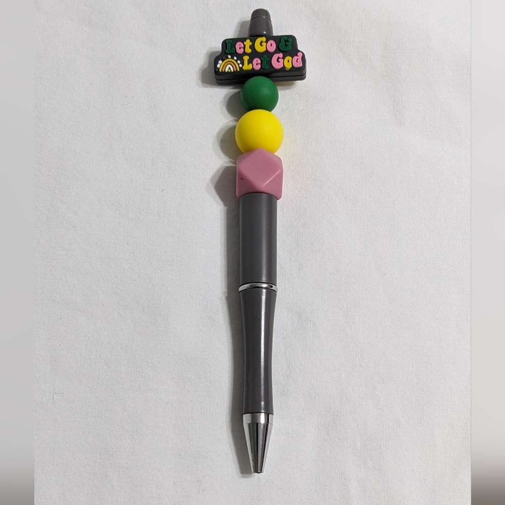 Let Go & Let God Grey Beaded Pen, Black Ink Writing Pen, NEW